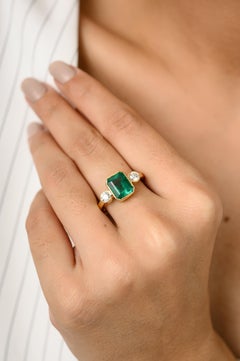 2.41 CTW Natural Emerald Diamond Three Stone Engagement Ring in 18k Yellow Gold
