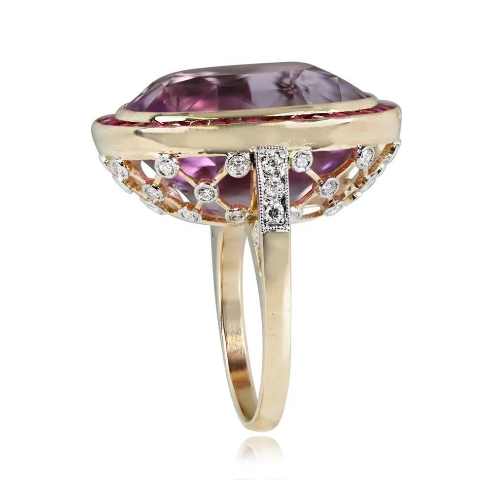 Art Deco 24.10ct Oval Cut Kunzite Cocktail Ring, Ruby Halo, 18k Yellow Gold For Sale