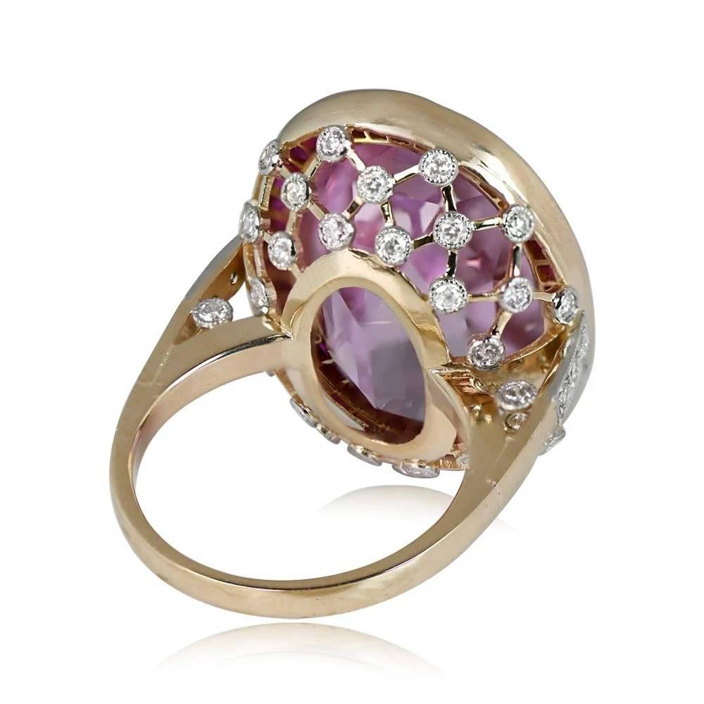 Women's 24.10ct Oval Cut Kunzite Cocktail Ring, Ruby Halo, 18k Yellow Gold For Sale