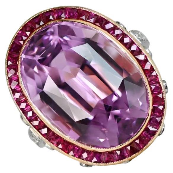 24.10ct Oval Cut Kunzite Cocktail Ring, Ruby Halo, 18k Yellow Gold For Sale