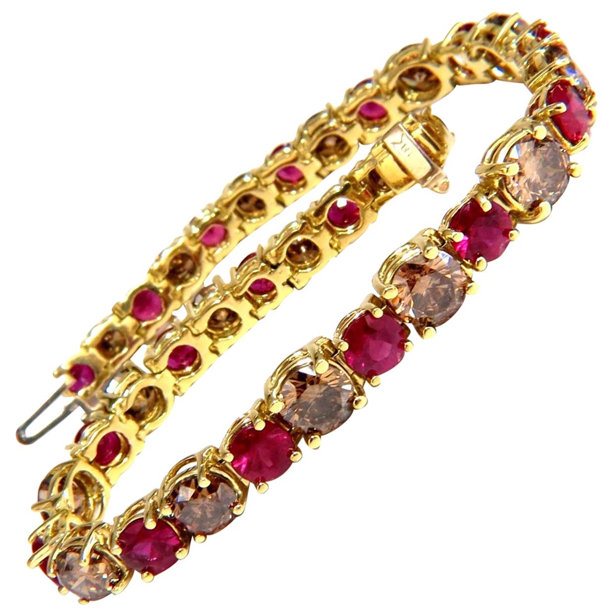 Bracelet tennis en or 18 carats avec diamants brun cannelle fantaisie naturels de 24,14 carats et rubis rouge