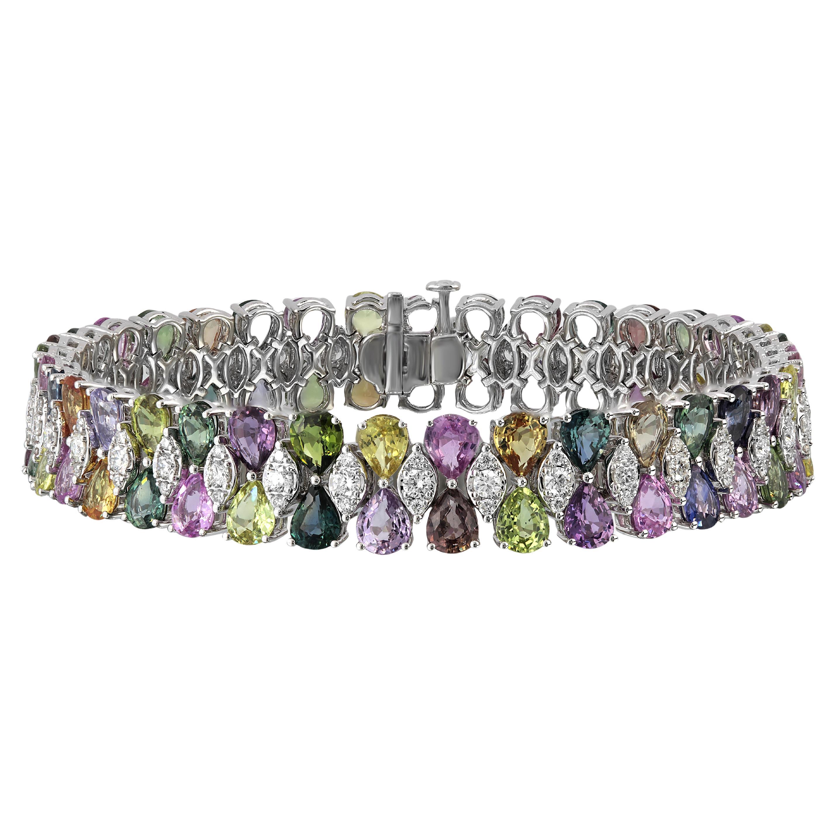 Bracelet saphir poire multicolore 24,16 carats et diamant en 18k blanc ref571