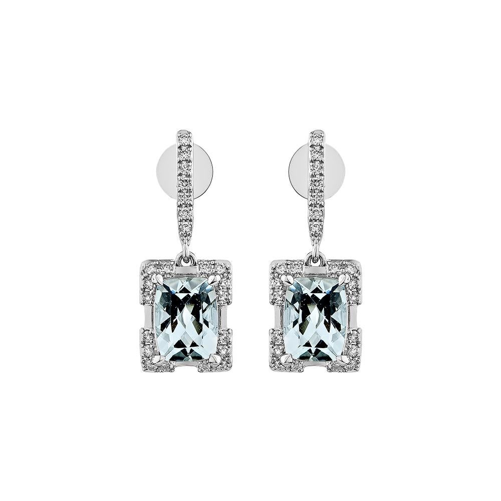 Contemporary 2.418 Carat Aquamarine Drop Earring in 18Karat White Gold with White Diamond. For Sale