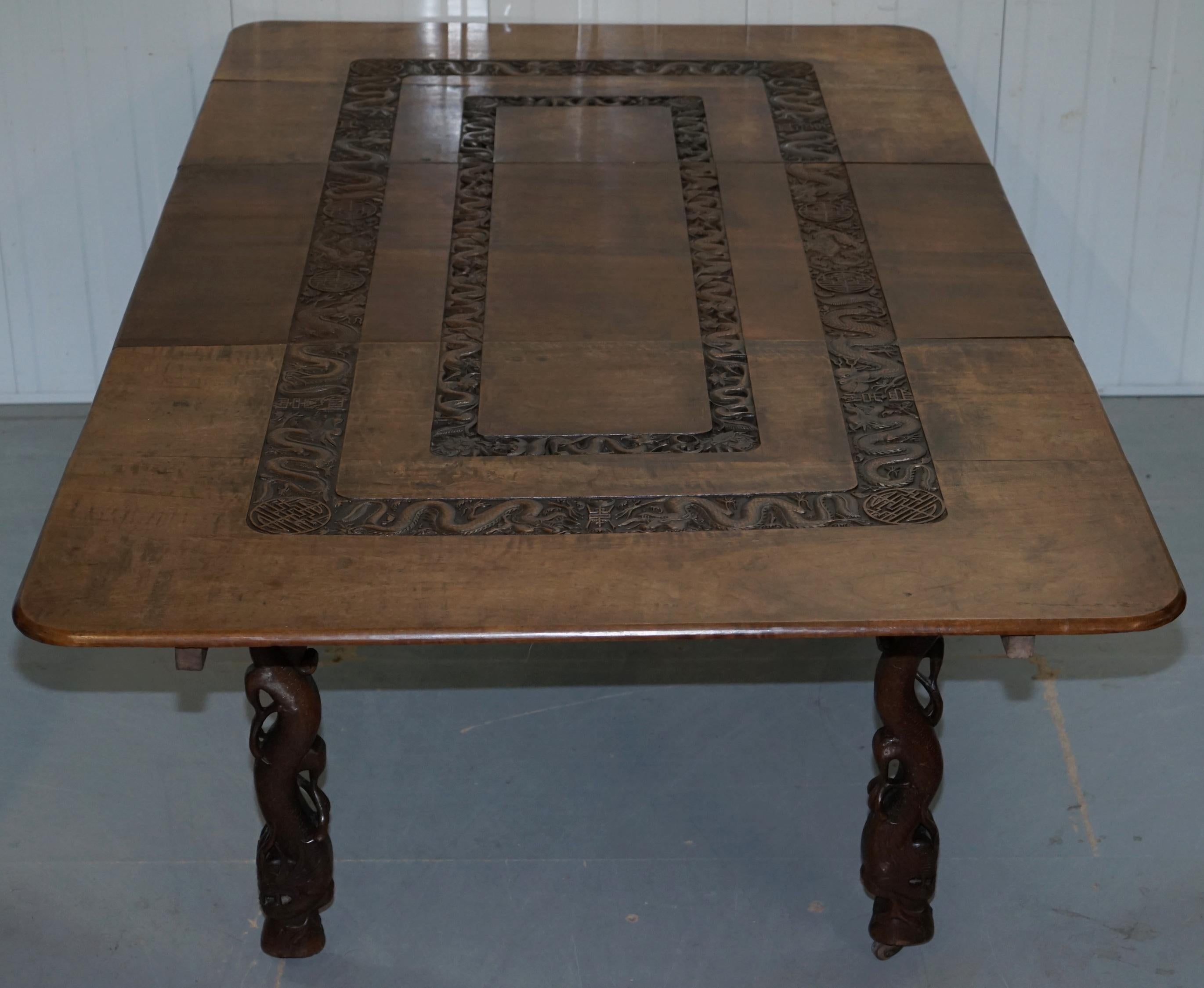 Wide Chinese Export Victorian circa 1890 Large Dining Table Dragon Carving 11