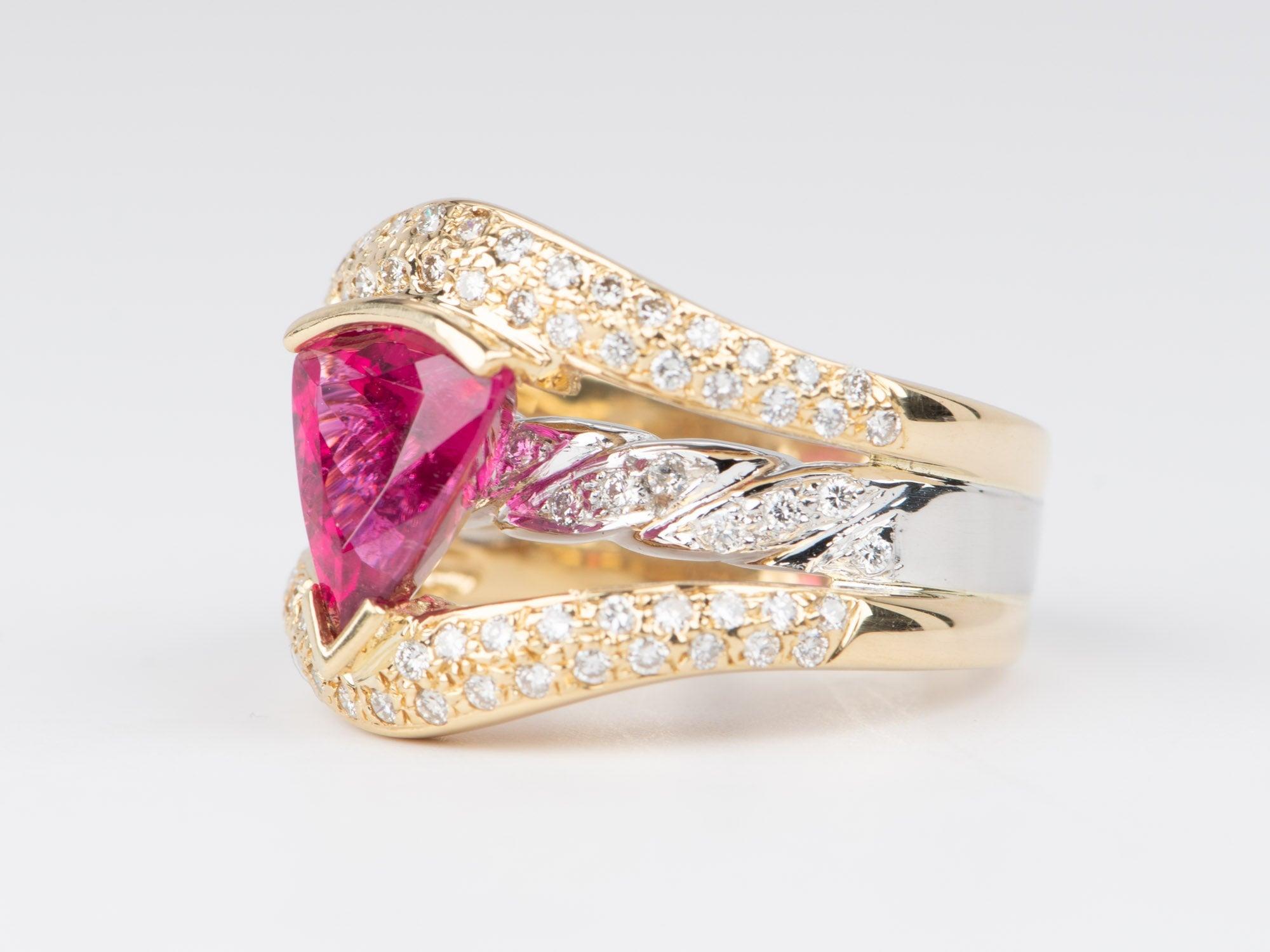 Trillion Cut 2.41ct Bright Pink Rubellite Tourmaline and Diamond Ring 18K Gold Platinum 12g