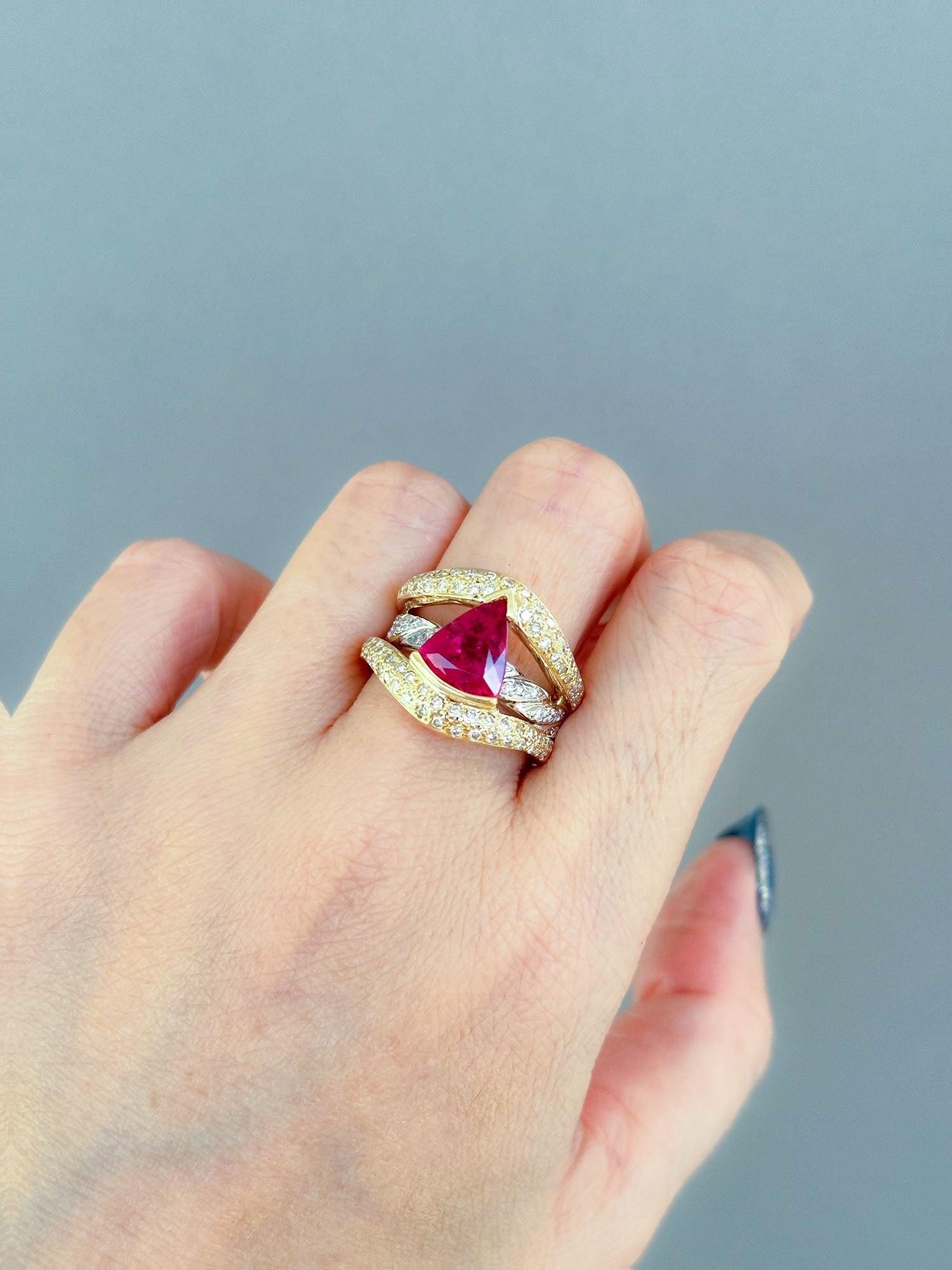 Women's or Men's 2.41ct Bright Pink Rubellite Tourmaline and Diamond Ring 18K Gold Platinum 12g