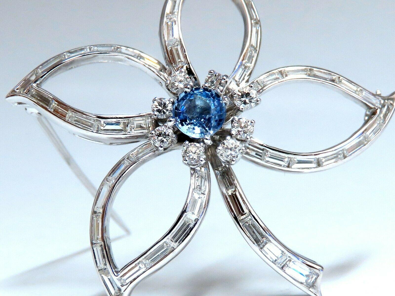 Sapphire Flower Brooch

 .91ct Natural Blue  Sapphire

Round Cut, Clean Clarity 5.6mm diameter

1.50ct Natural Diamonds.

Baguette, Full cut Brilliant.

H-color VS-2 clarity.

Platinum

intricate details

 grams.

Overall: 1.75 x 1.77 inch

$7000