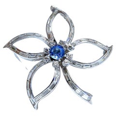 2.41ct Natural Sapphire Diamonds Platinum Brooch Vintage Platinum Baguette