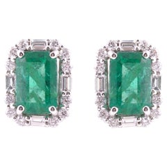 2.41ct Zambian Emerald 0.52ct Diamond Halo Studs 18 Karat White Gold Earrings