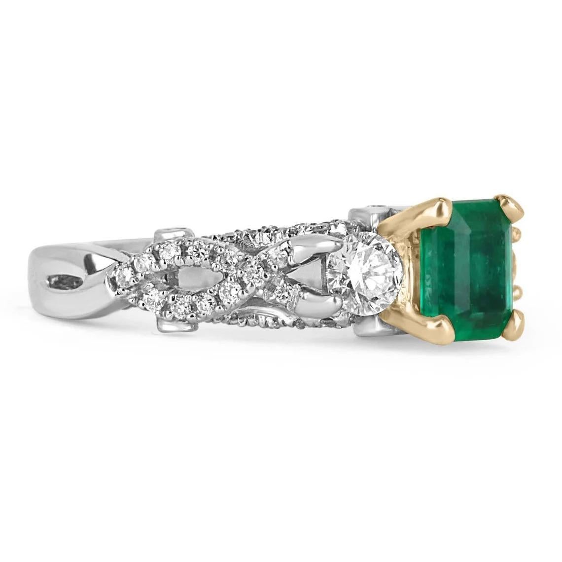 Elegantly displayed is a gorgeous three stone AAA emerald and diamond ring with accents. This romantic anniversary/engagement piece is captivating from every angle. The center features a Colombian emerald with Muzo green color and excellent eye