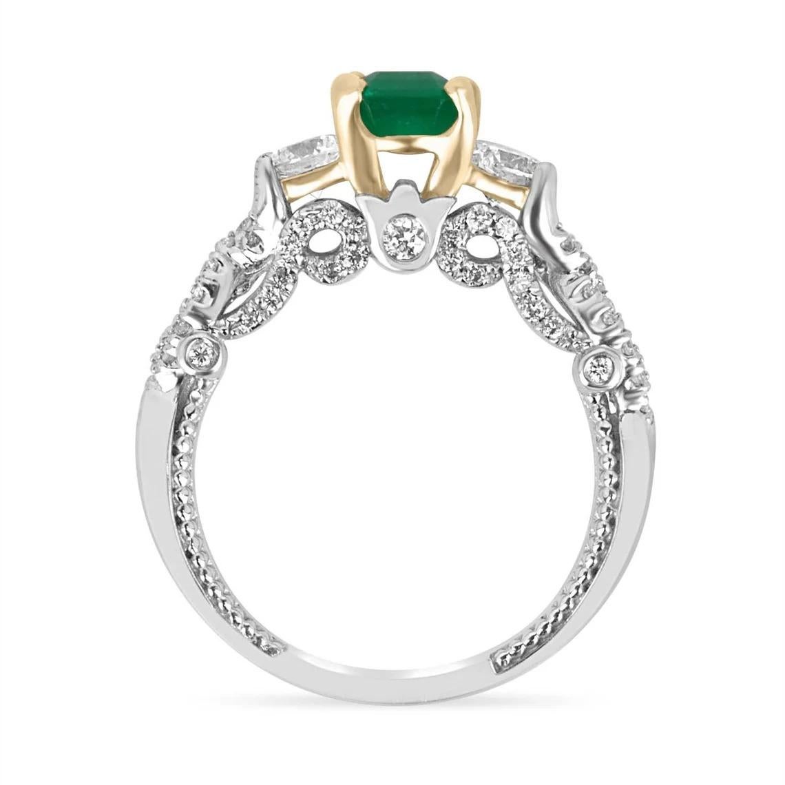 Modern 2.41tcw 14K AAA Colombian Emerald & Diamond Three Stone Engagement Ring For Sale