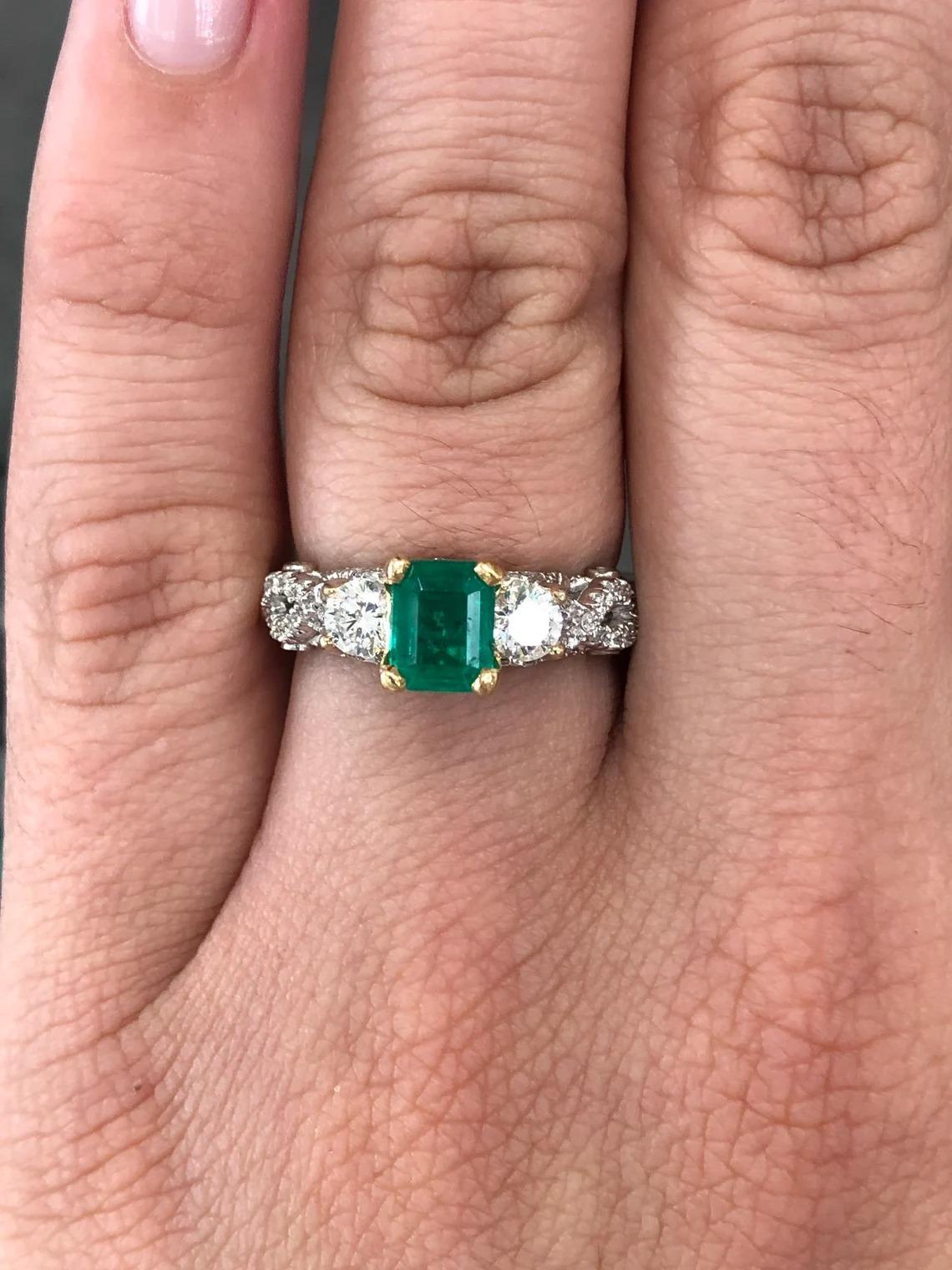 Emerald Cut 2.41tcw 14K AAA Colombian Emerald & Diamond Three Stone Engagement Ring For Sale