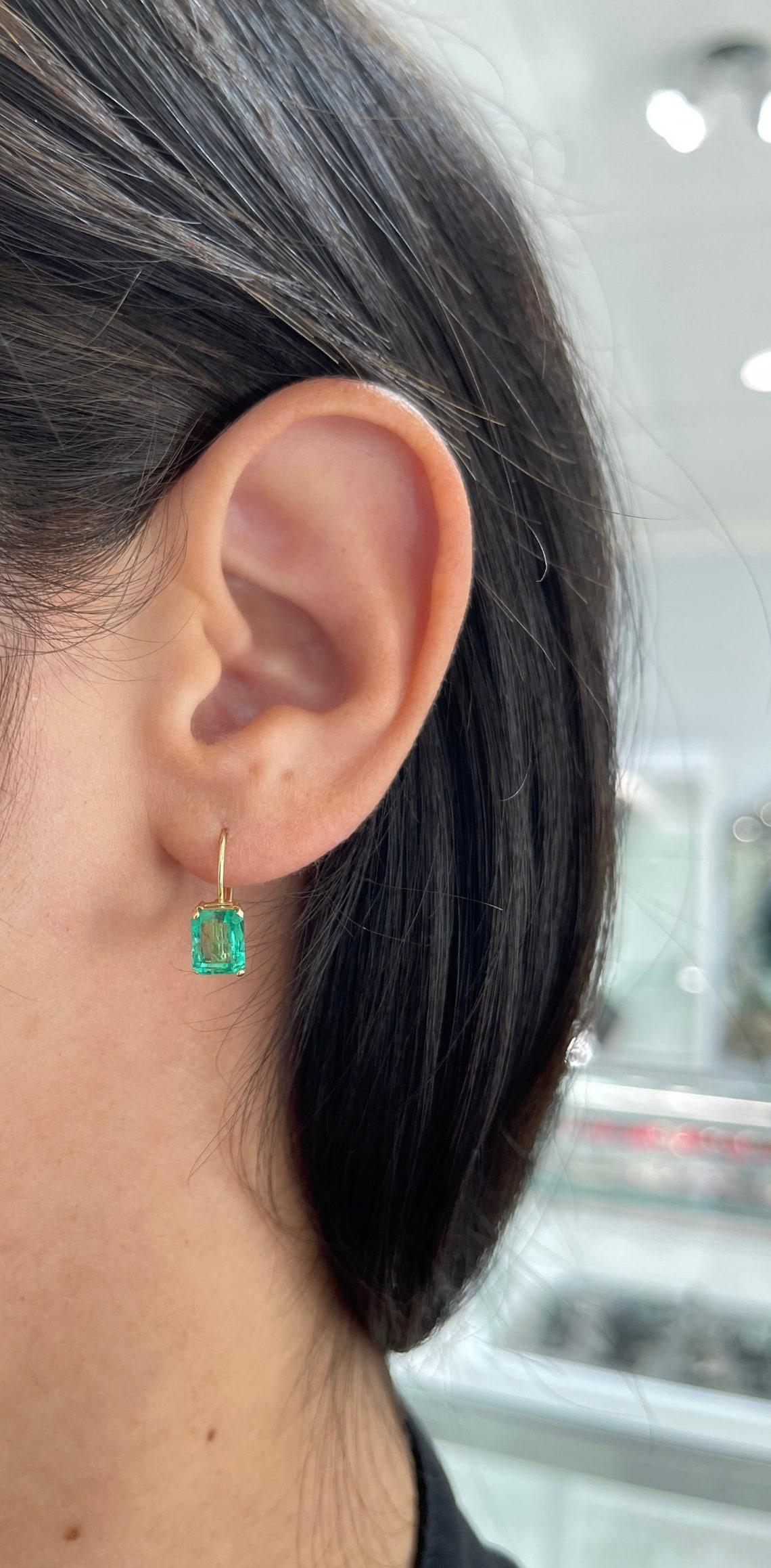 Women's 2.41tcw 14K Emerald-Emerald Cut Leverback Earrings For Sale