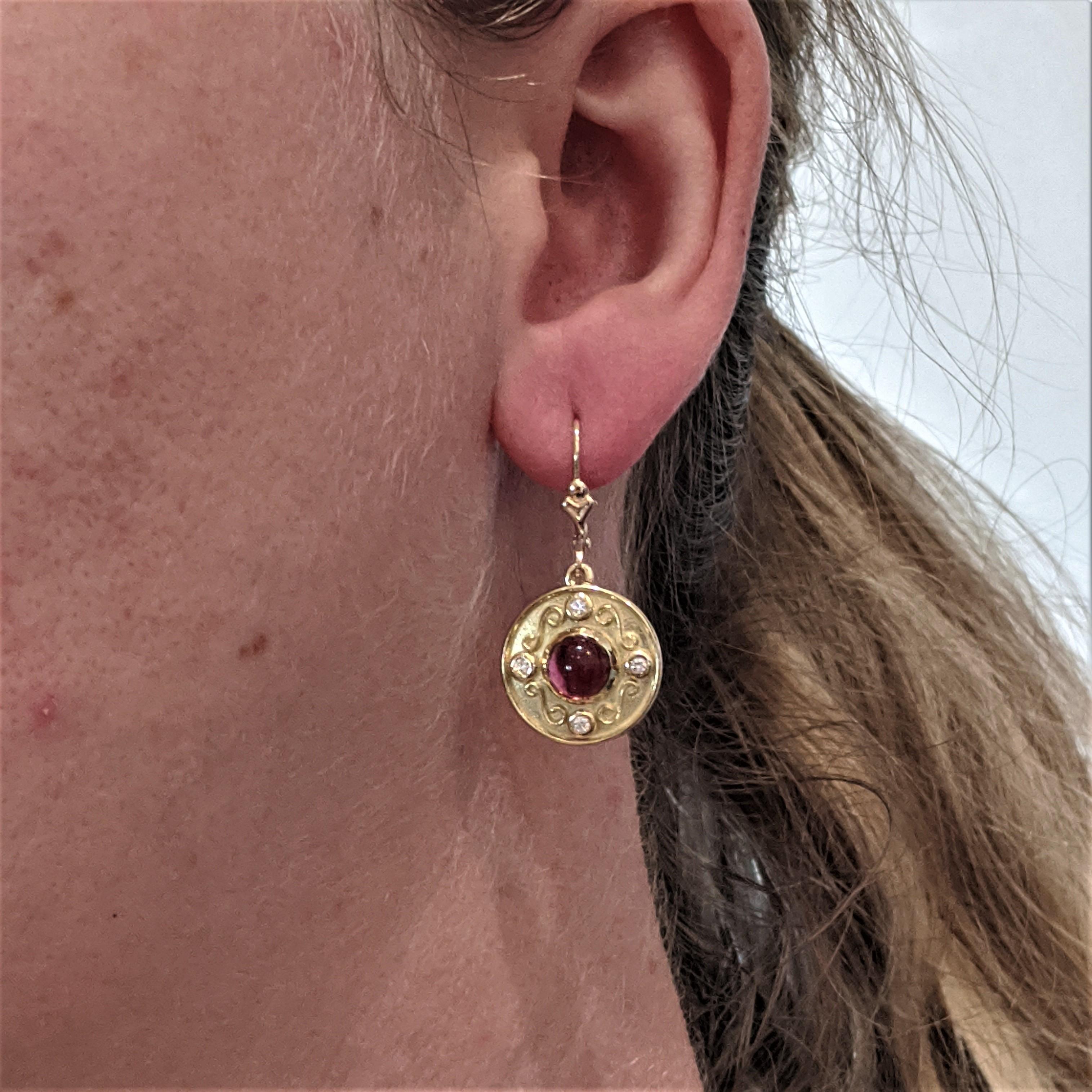 Women's 2.42 Carat Cabochon Rubellite and Diamond in 18 Carat Yellow Gold Earrings For Sale