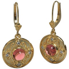 2.42 Carat Cabochon Rubellite and Diamond in 18 Carat Yellow Gold Earrings