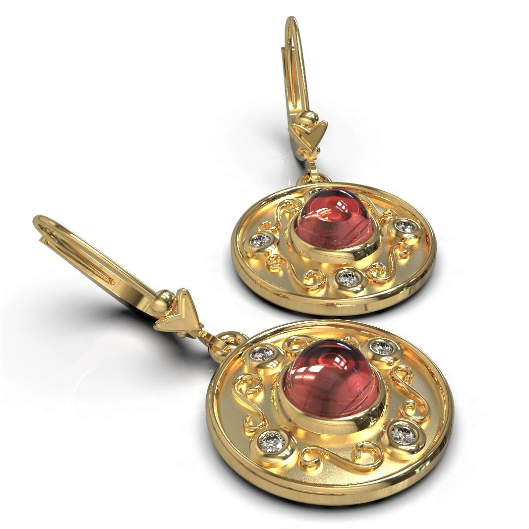 Art Nouveau 2.42 Carat Cabochon Rubellite and Diamond in 18 Carat Yellow Gold Earrings For Sale