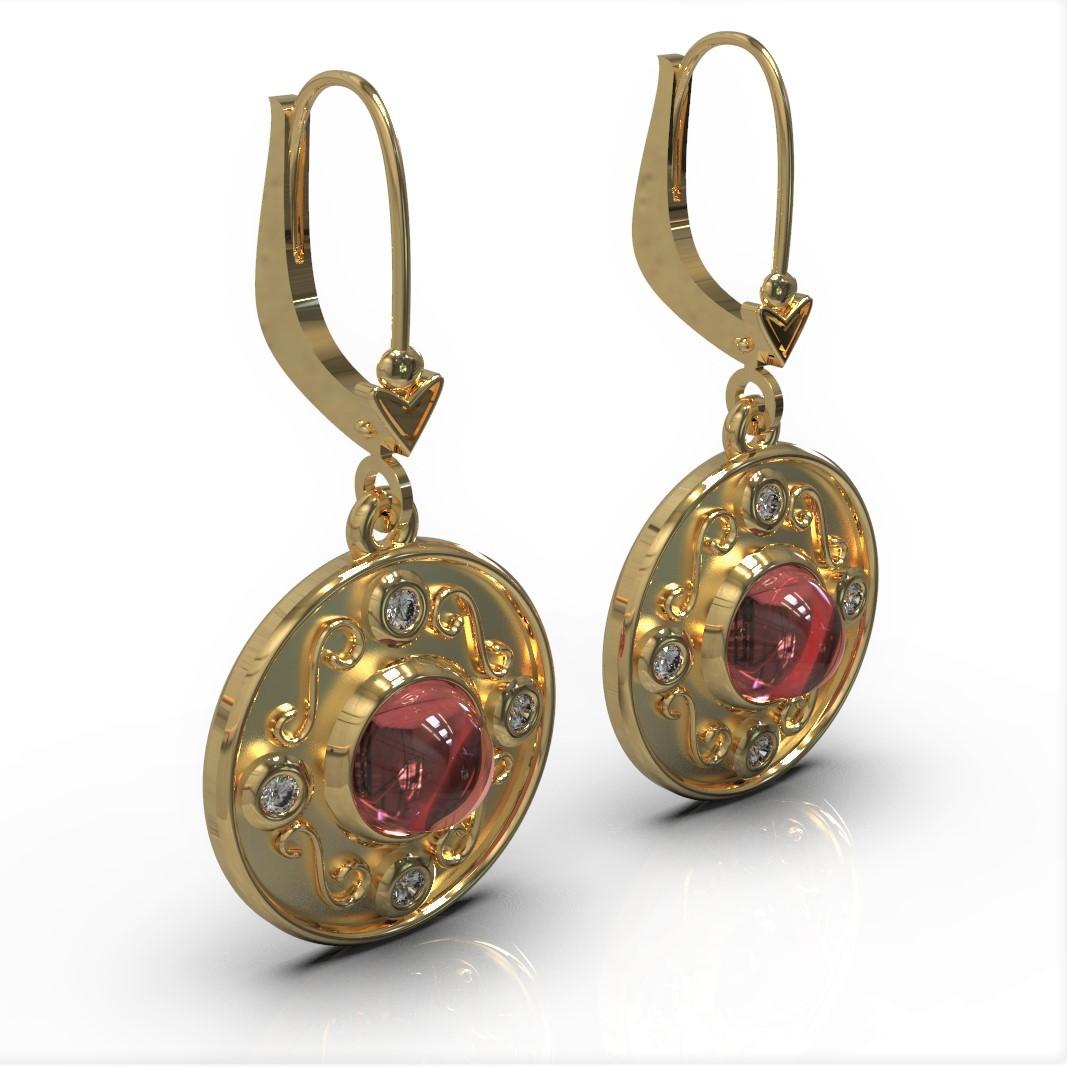 Round Cut 2.42 Carat Cabochon Rubellite and Diamond in 18 Carat Yellow Gold Earrings For Sale