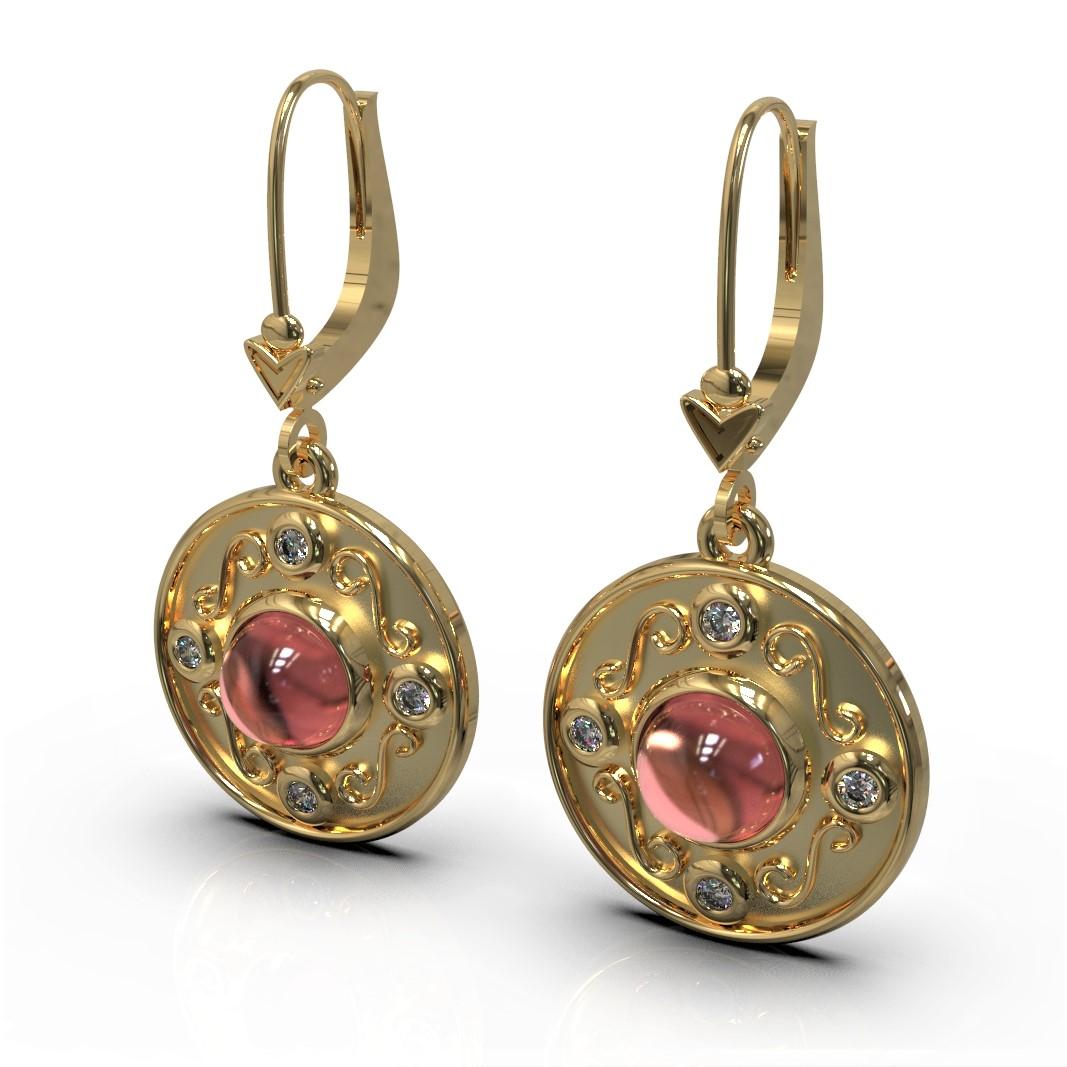 2.42 Carat Cabochon Rubellite and Diamond in 18 Carat Yellow Gold Earrings In New Condition For Sale In South Perth, AU