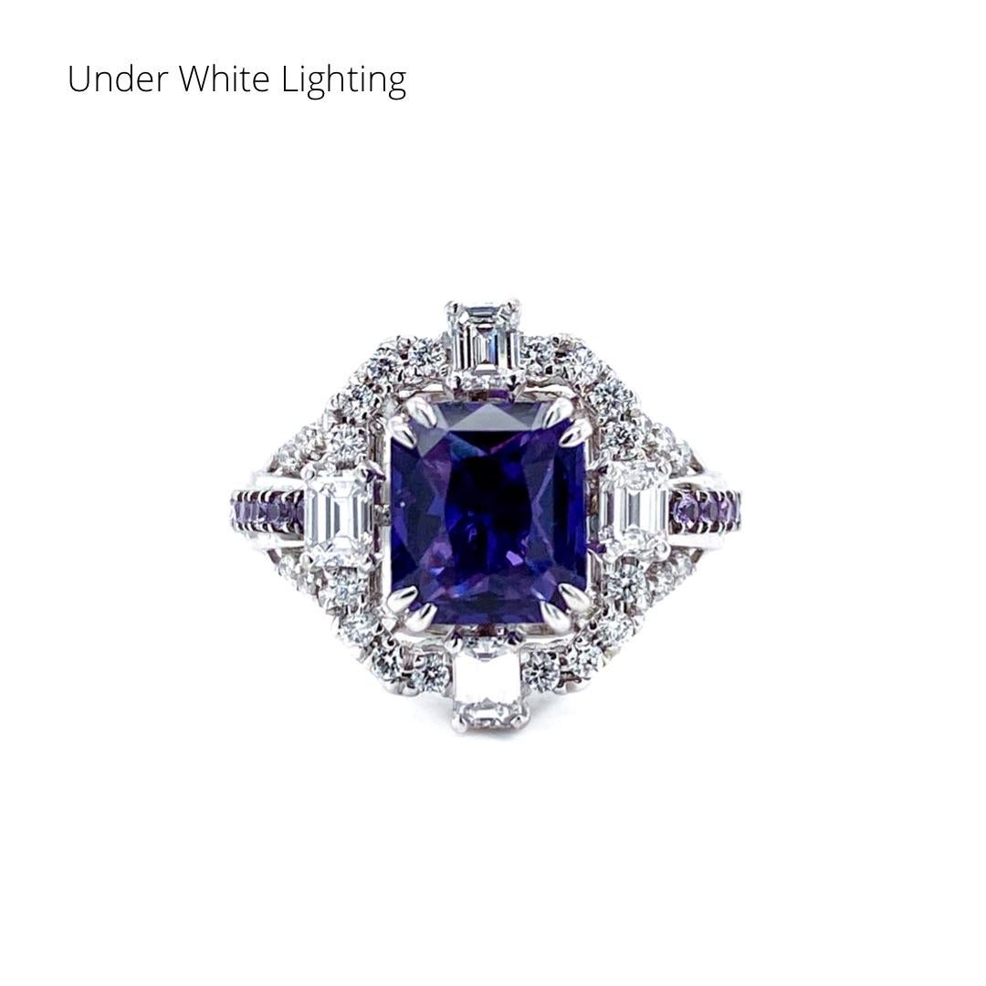 Featuring an exquisite and enchanting color-changing violet sapphire centre stone, this ring is a rare find that is complemented by an impeccable and transformable design – characteristic of Dilys’. Designed by Hong Kong’s renowned yet private fine