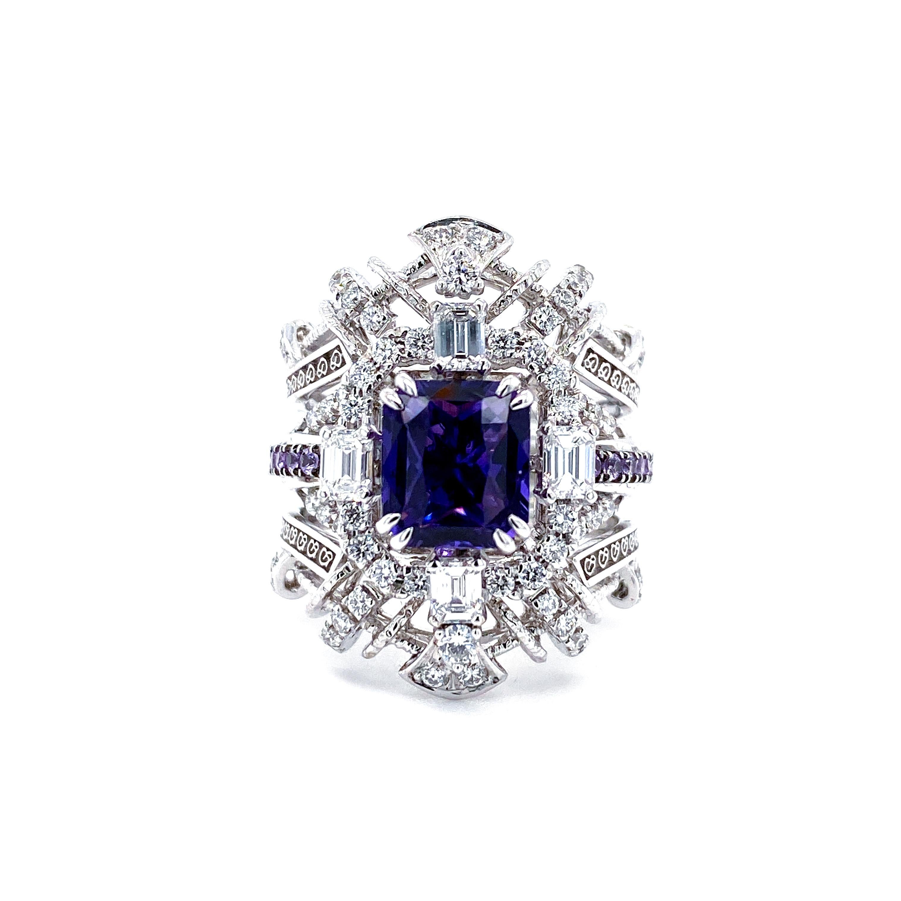 Mixed Cut 2.42 Carat Color-Changing Violet Sapphire and Diamond Collectible Ring