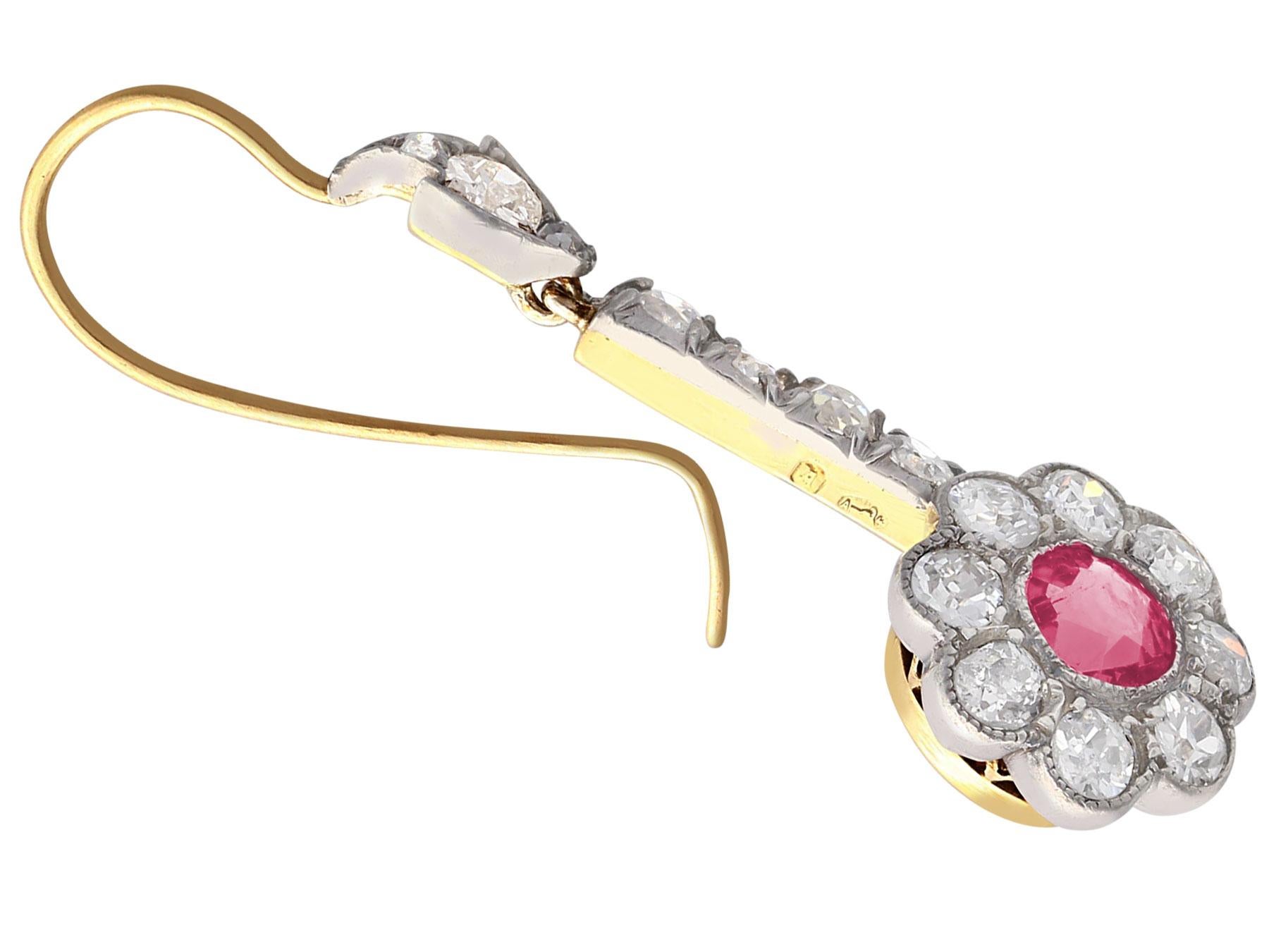 Old European Cut 2.42 Carat Diamond and 1.05 Carat Pink Sapphire Drop Earrings For Sale