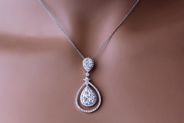 Round Cut 2.42 Carat Diamond Illusion Pear Dangle Pendant Necklace in 18k White Gold For Sale