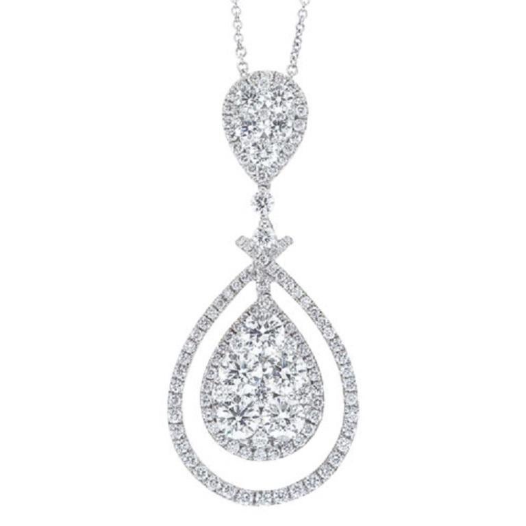 2.42 Carat Diamond Illusion Pear Dangle Pendant Necklace in 18k White Gold In New Condition For Sale In New York, NY
