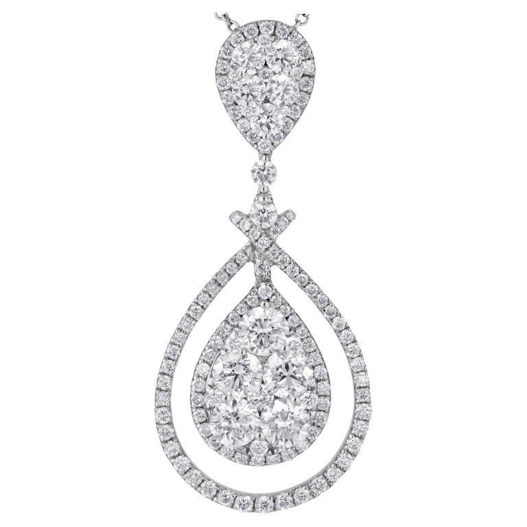 2.42 Carat Diamond Illusion Pear Dangle Pendant Necklace in 18k White Gold For Sale