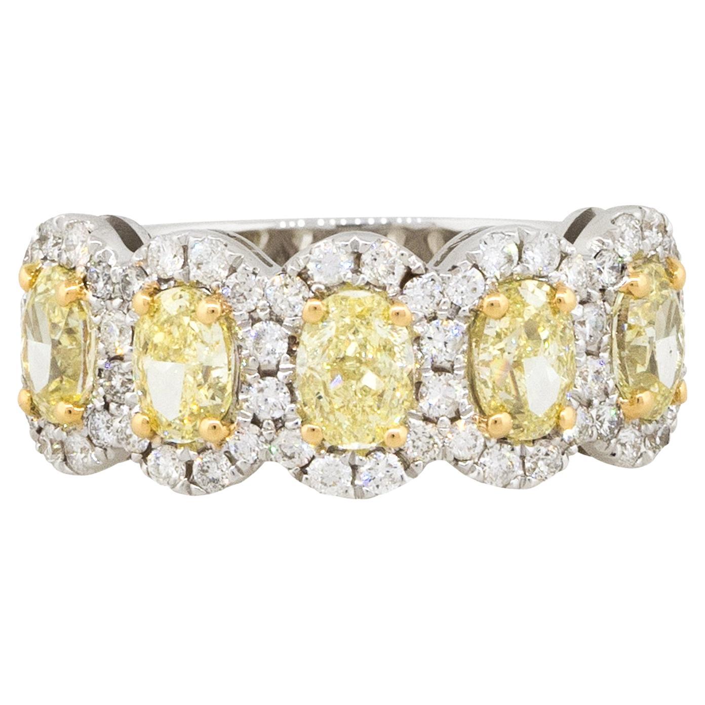 2.42 Carat Five Oval Fancy Yellow Diamond Halo Ring 18 Karat In Stock For Sale