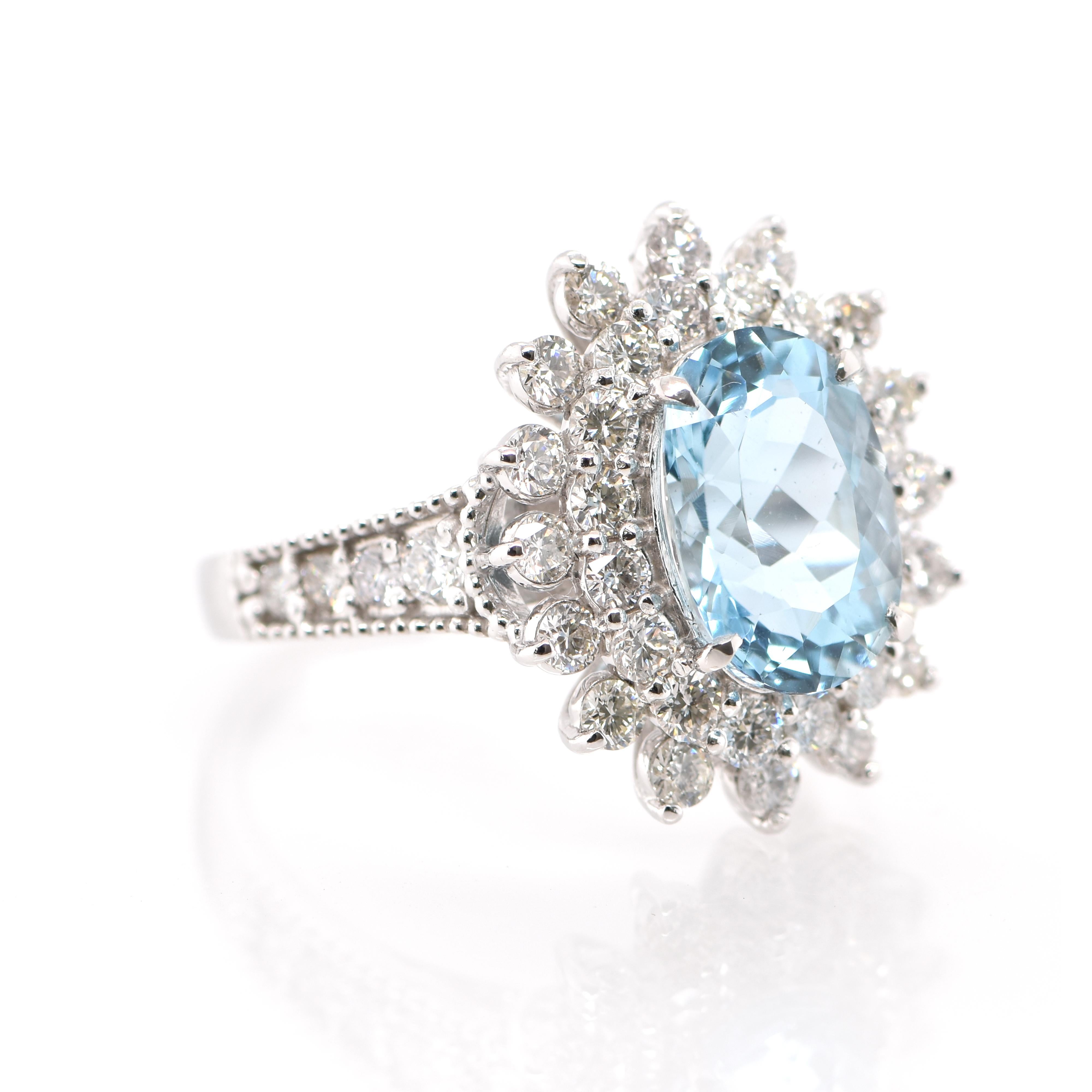 Modern 2.42 Carat Natural Aquamarine and Diamond Double Halo Ring Set in Platinum For Sale