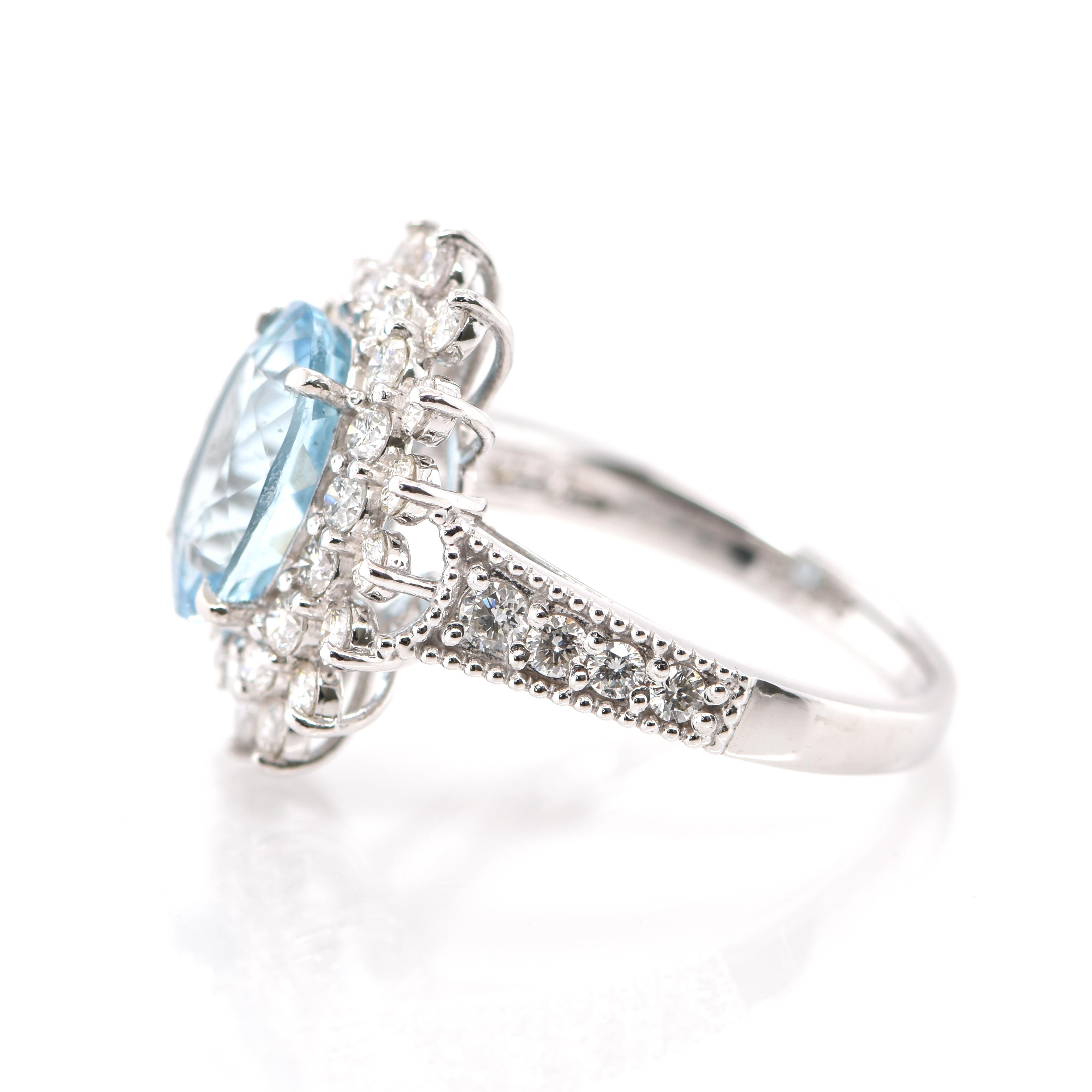 Oval Cut 2.42 Carat Natural Aquamarine and Diamond Double Halo Ring Set in Platinum For Sale