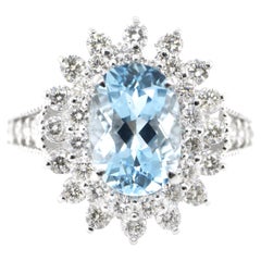 2.42 Carat Natural Aquamarine and Diamond Double Halo Ring Set in Platinum