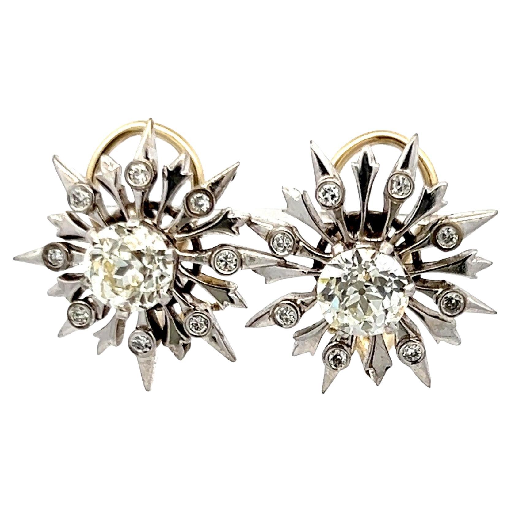 2.42 Carat Old European Cut Diamond 14 Karat White Gold Clip On Earrings