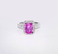 2.42 Carat Pink Sapphire Cushion Cut Diamond Halo Ring 18K White Gold