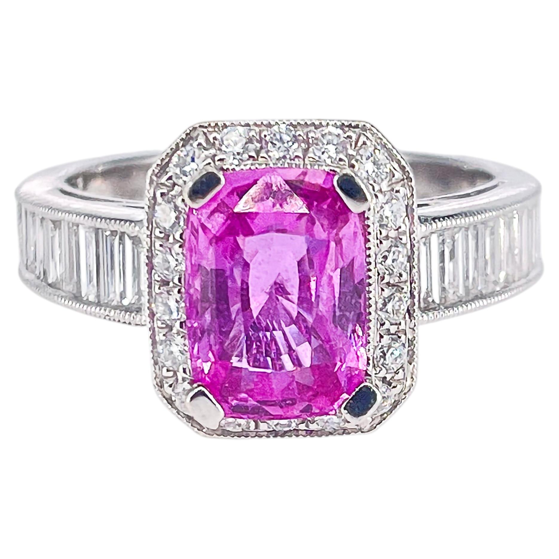 2.42 Carat Pink Sapphire Cushion Cut Diamond Halo Ring 18K White Gold