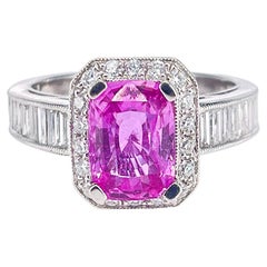 2.42 Carat Pink Sapphire Cushion Cut Diamond Halo Ring 18K White Gold
