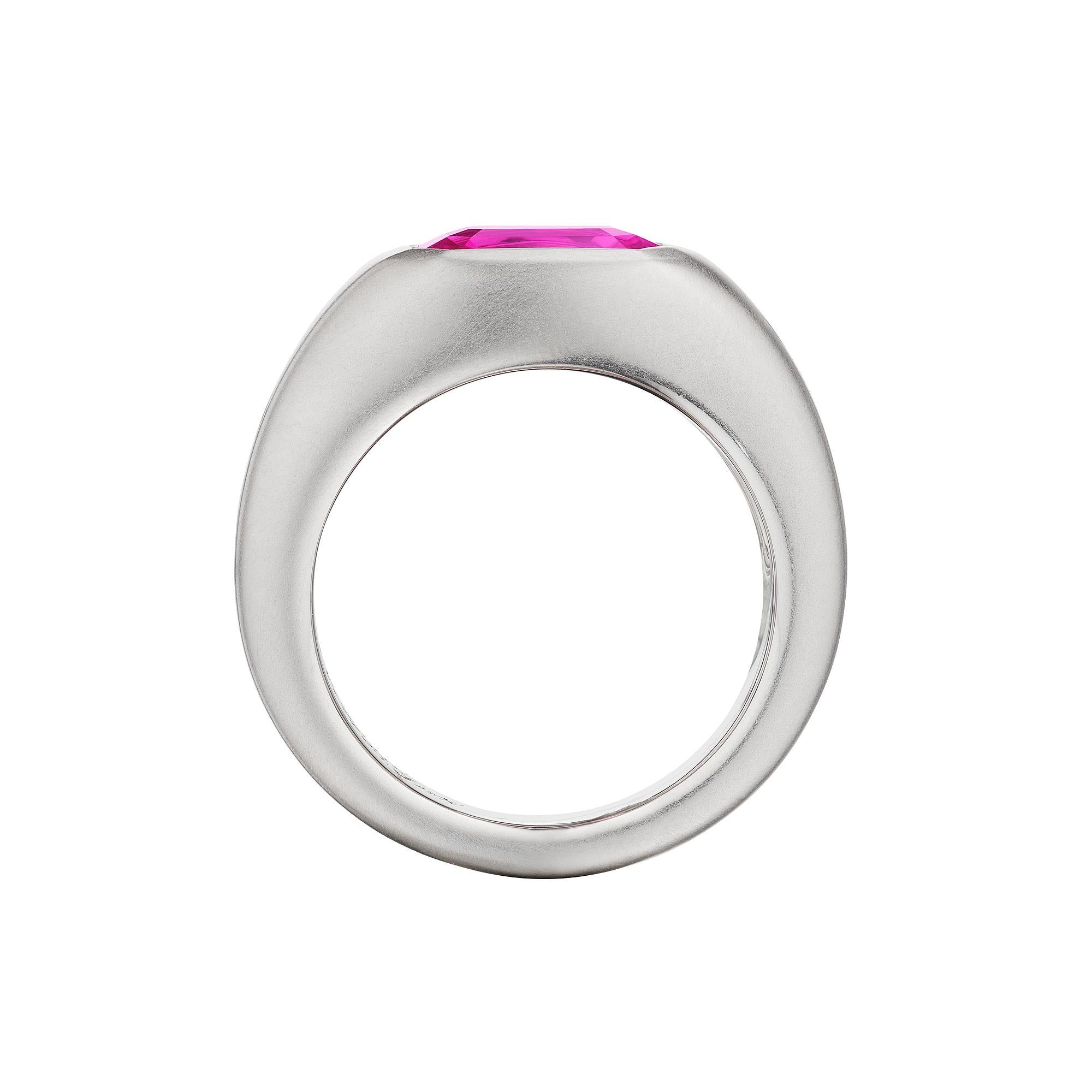Pink power.  A lively and vivid pink 2.42 carat emerald cut sapphire gives incredible strength to this one-of-a-kind platinum gypsy style ring.  AGL certification number 1137339. Designed by Steven Fox Jewelry.  Size 6 1/2.