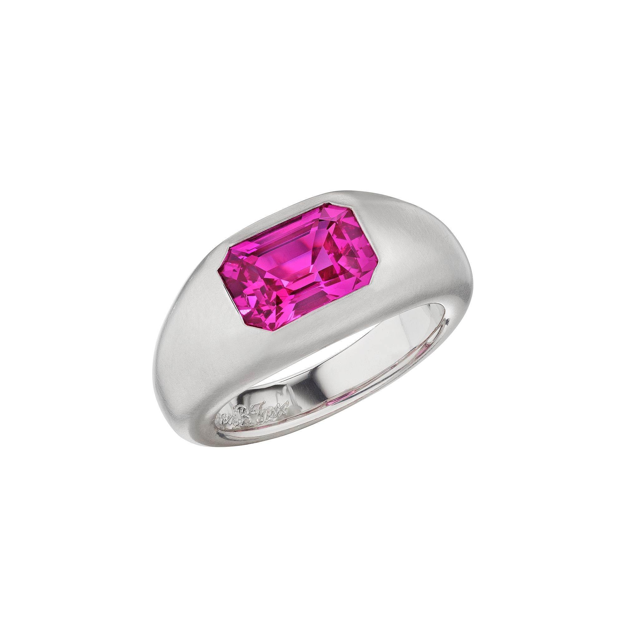 Emerald Cut 2.42 Carat Pink Sapphire Platinum Gypsy Ring For Sale