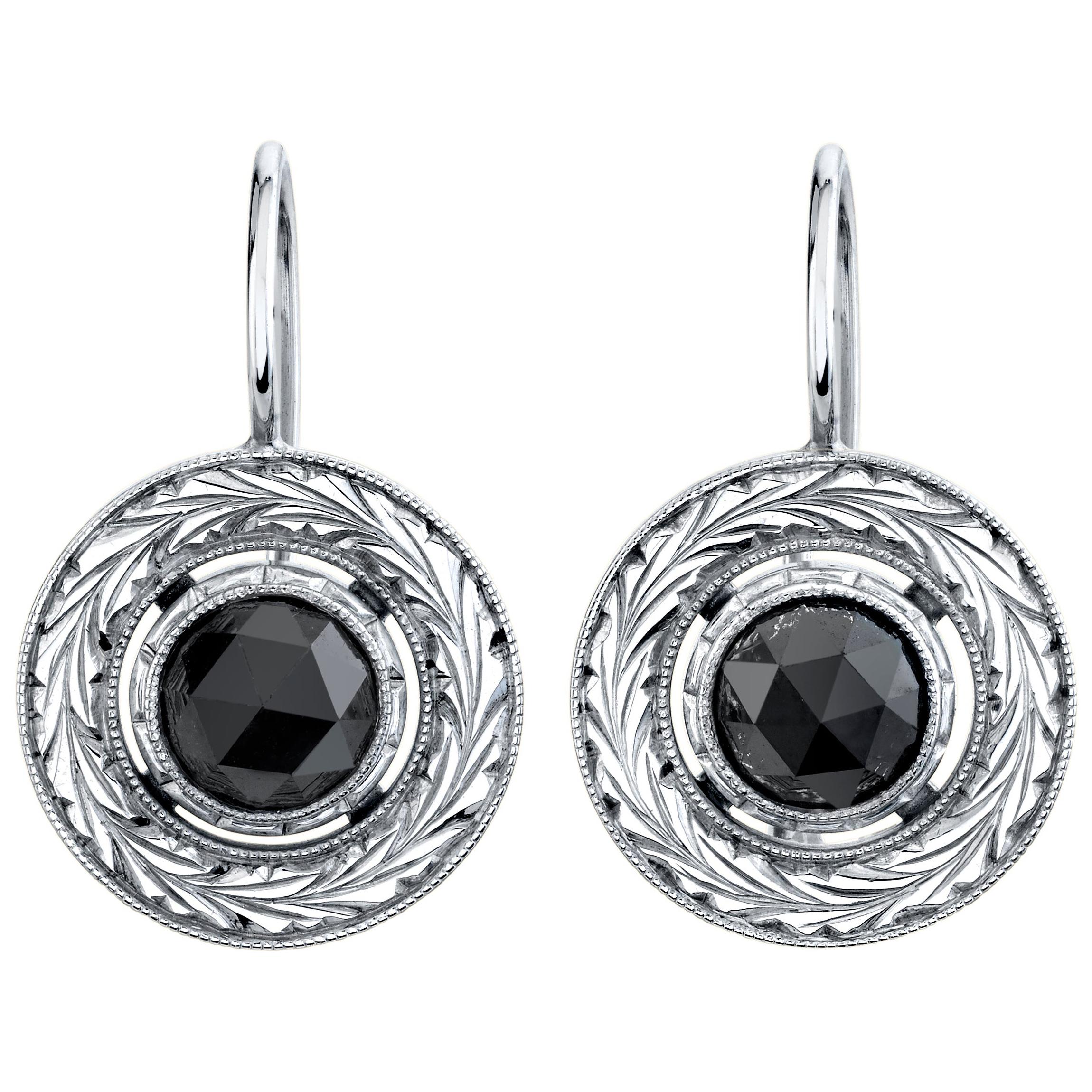 Rose Cut Black Diamond Engraved Drop Earrings in White Gold, 2.42 Carats Total