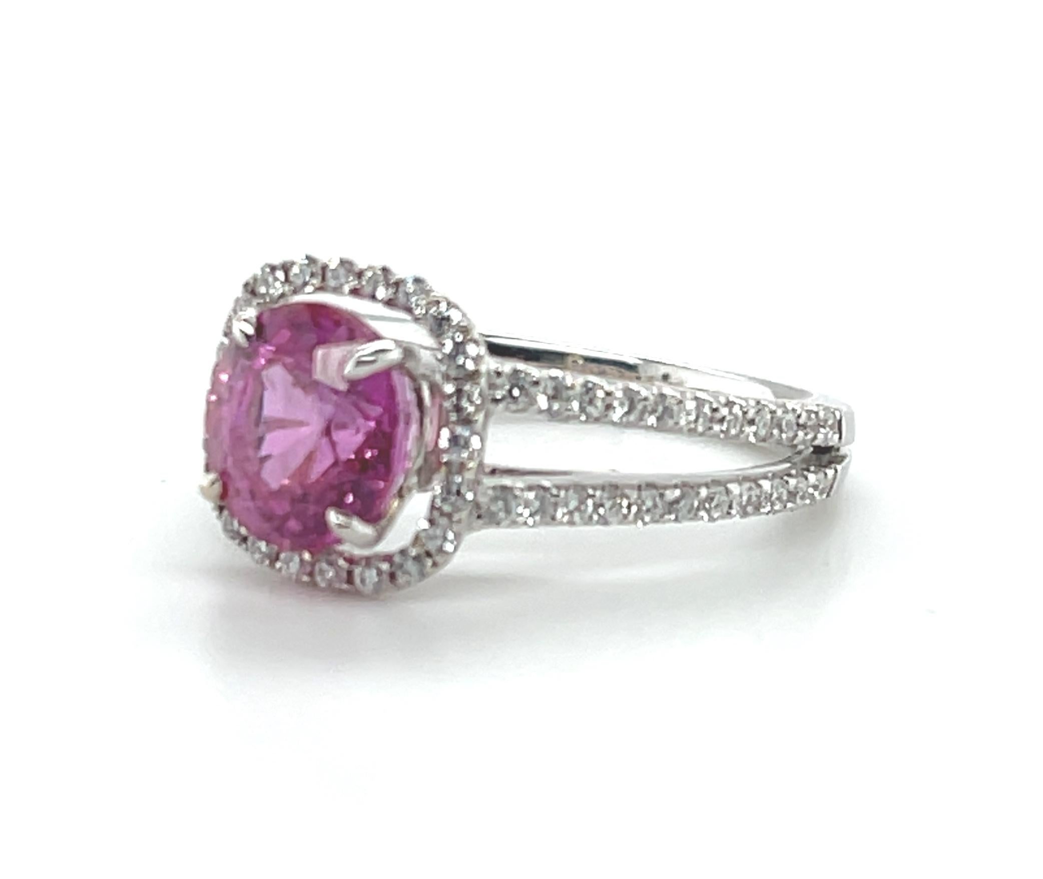 Artisan Pink Sapphire and Diamond Halo Engagement Ring in 18k White Gold, 2.42 Carats  For Sale