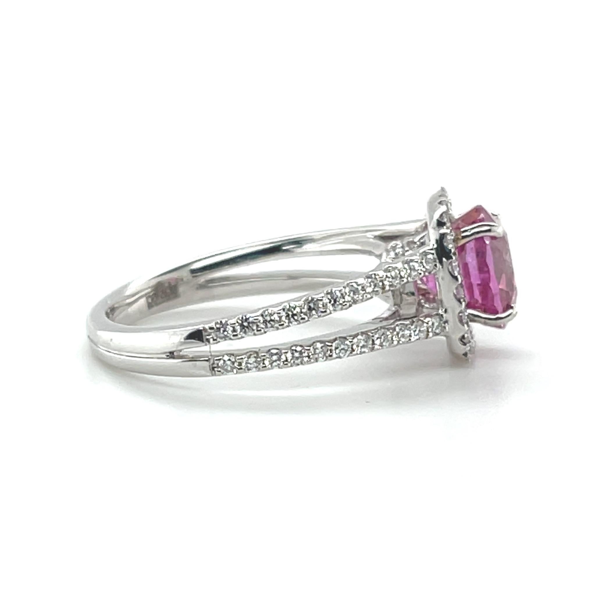 Round Cut Pink Sapphire and Diamond Halo Engagement Ring in 18k White Gold, 2.42 Carats  For Sale