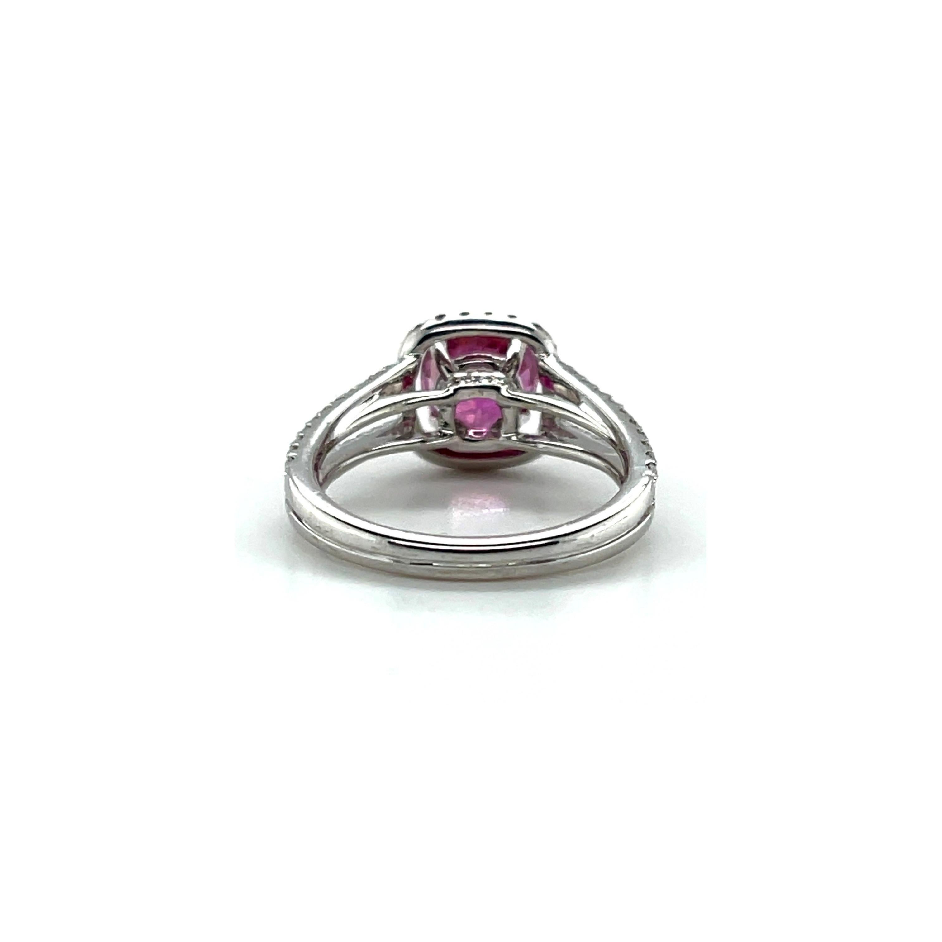 Pink Sapphire and Diamond Halo Engagement Ring in 18k White Gold, 2.42 Carats  In New Condition For Sale In Los Angeles, CA