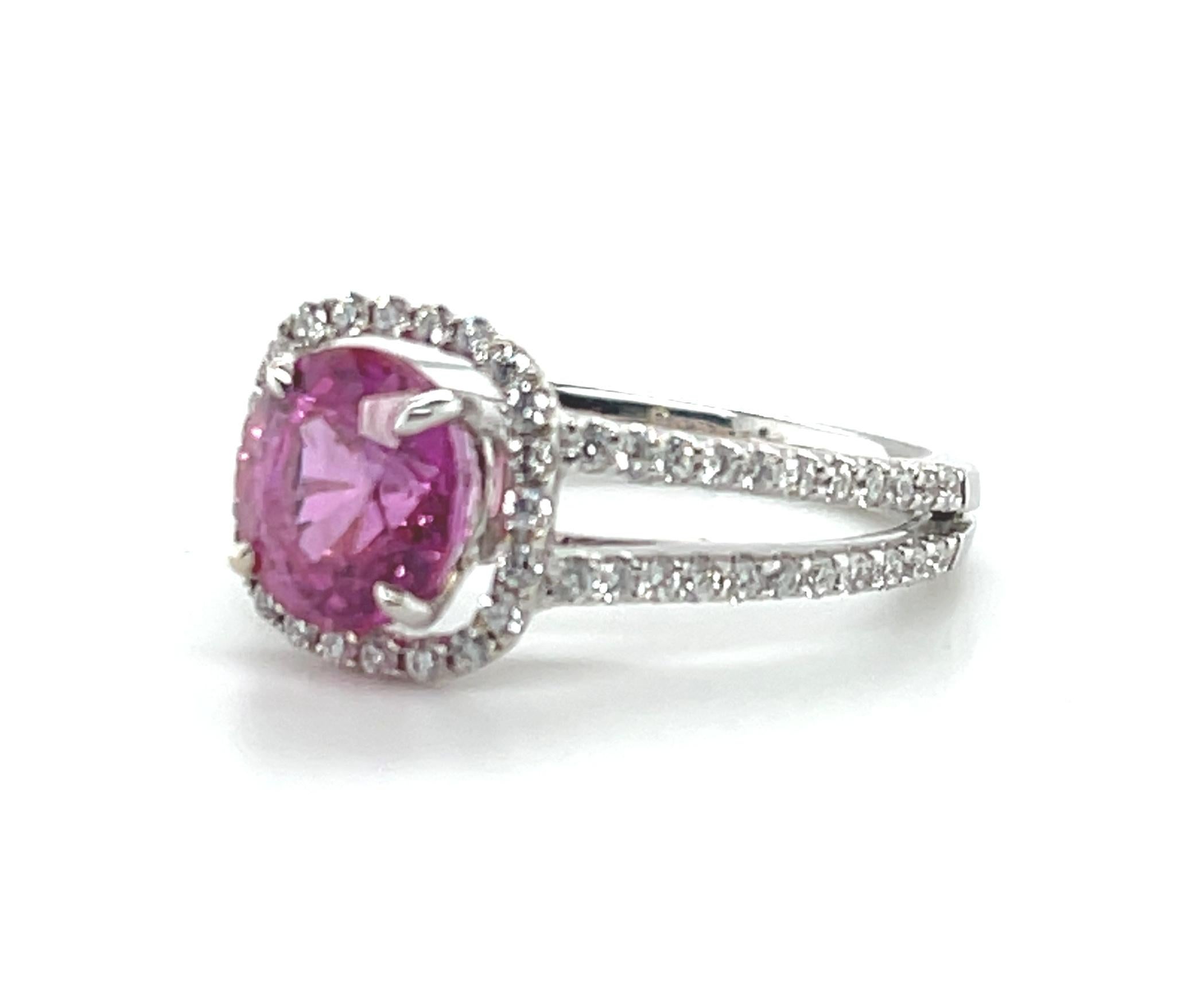 Women's Pink Sapphire and Diamond Halo Engagement Ring in 18k White Gold, 2.42 Carats  For Sale