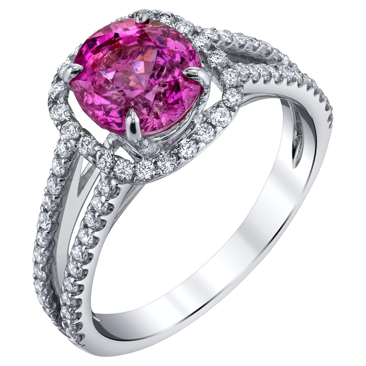 Pink Sapphire and Diamond Halo Engagement Ring in 18k White Gold, 2.42 Carats  For Sale
