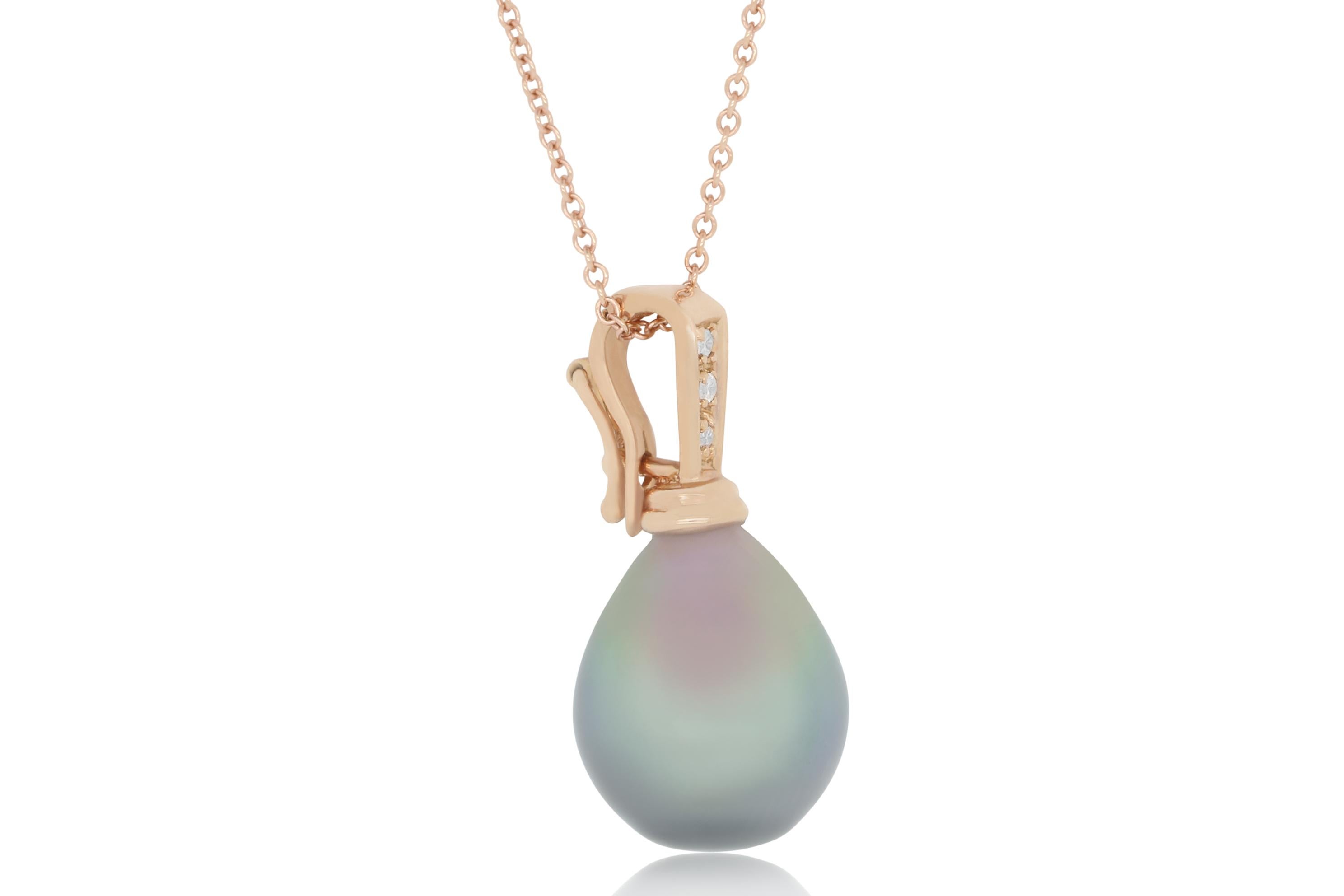 Material: 14K Rose Gold
Center Stone Details: 2.42 Carat Tahitian Pearl
Mounting Stone Details: 3 Brilliant Round White Diamonds 0.03 carat 
Chain: 18 inches

Fine one-of-a kind craftsmanship meets incredible quality in this breathtaking piece of