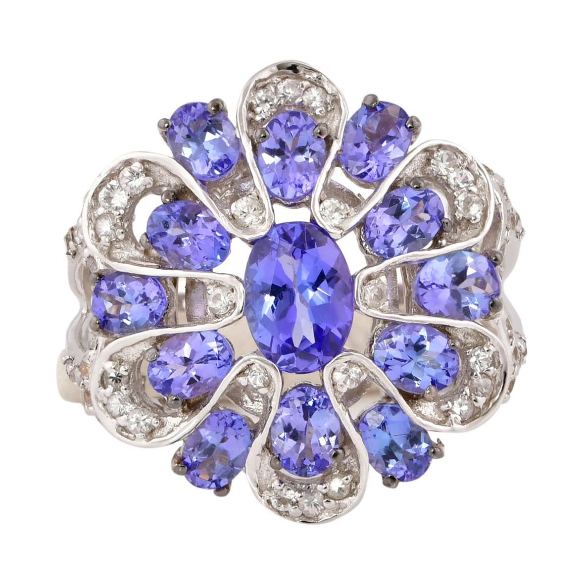 Bague en or blanc 14 carats avec tanzanite de 2,42 carats et saphirs blancs