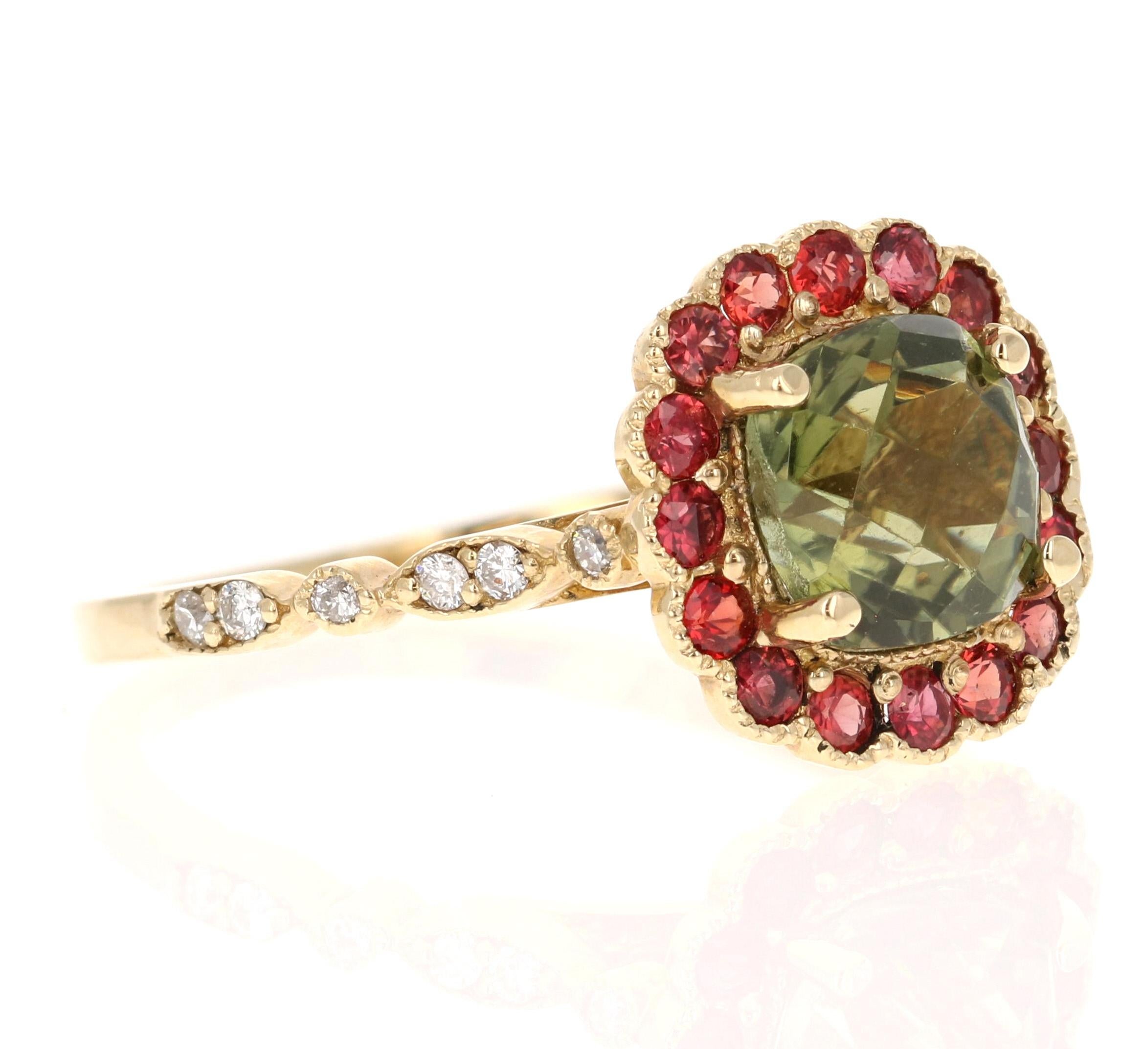2.42 Carat Tourmaline Sapphire Diamond Yellow Gold Ring

This gorgeous ring has a beautiful Cushion Cut Green Tourmaline weighing 1.81 Carats and is surrounded by a Halo of 18 Round Cut Red Sapphires weighing 0.50 carats.  Along the shank of the