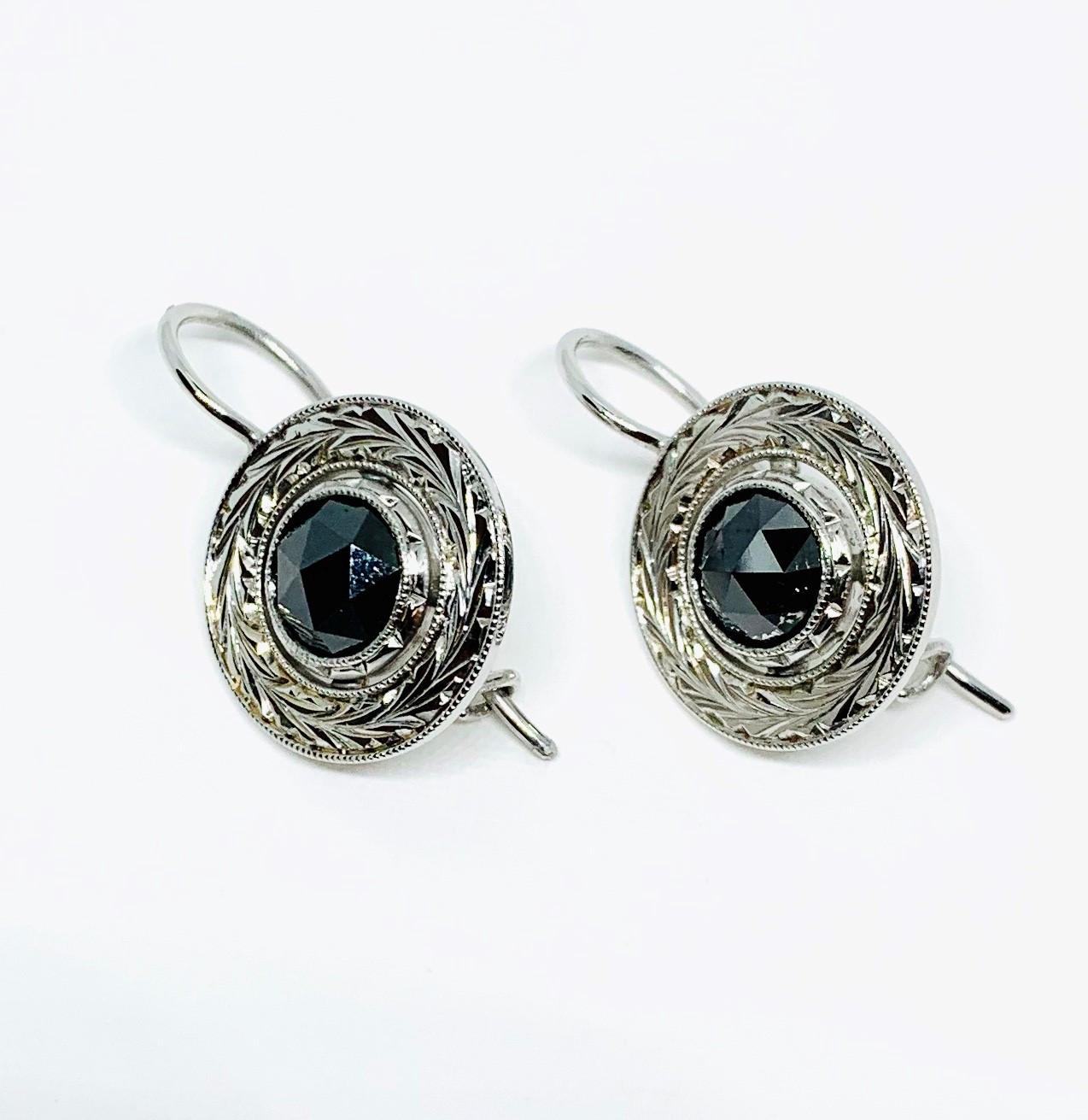 Rose Cut Black Diamond Engraved Drop Earrings in White Gold, 2.42 Carats Total In New Condition For Sale In Los Angeles, CA