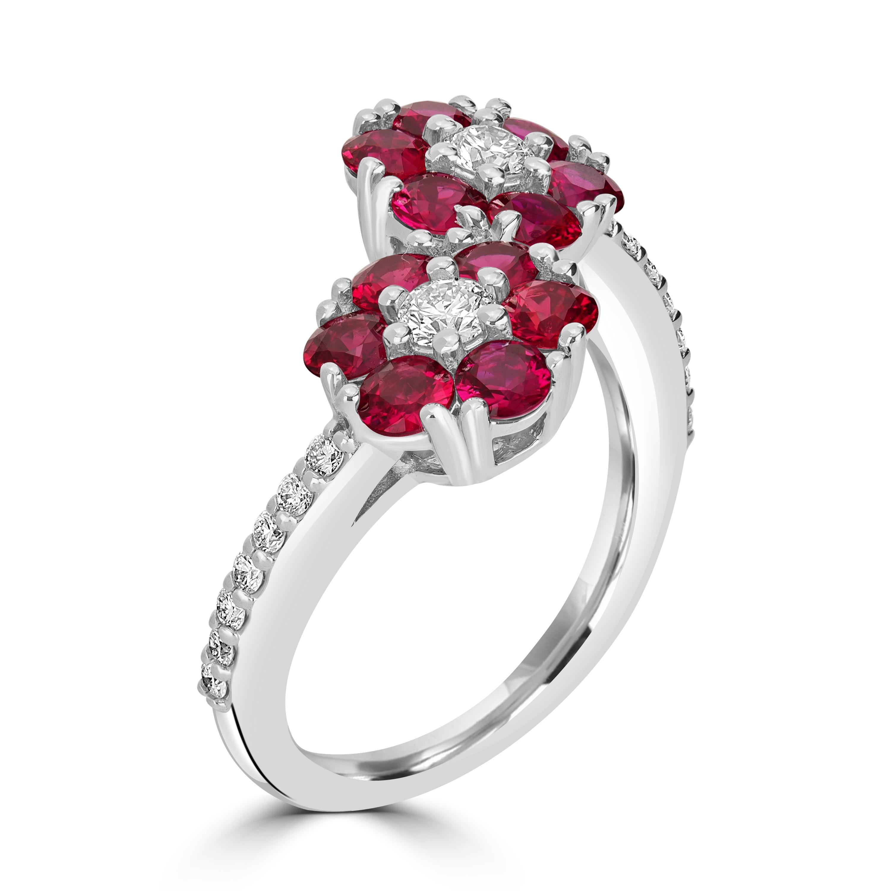 This beautiful ring consists of bright red round rubies and diamonds total 2.42 carats. This ring is made with delicacy and extreme care in the heart of New York City. The rubies are mined from Mozambique known for its vibrant pinkish red color and