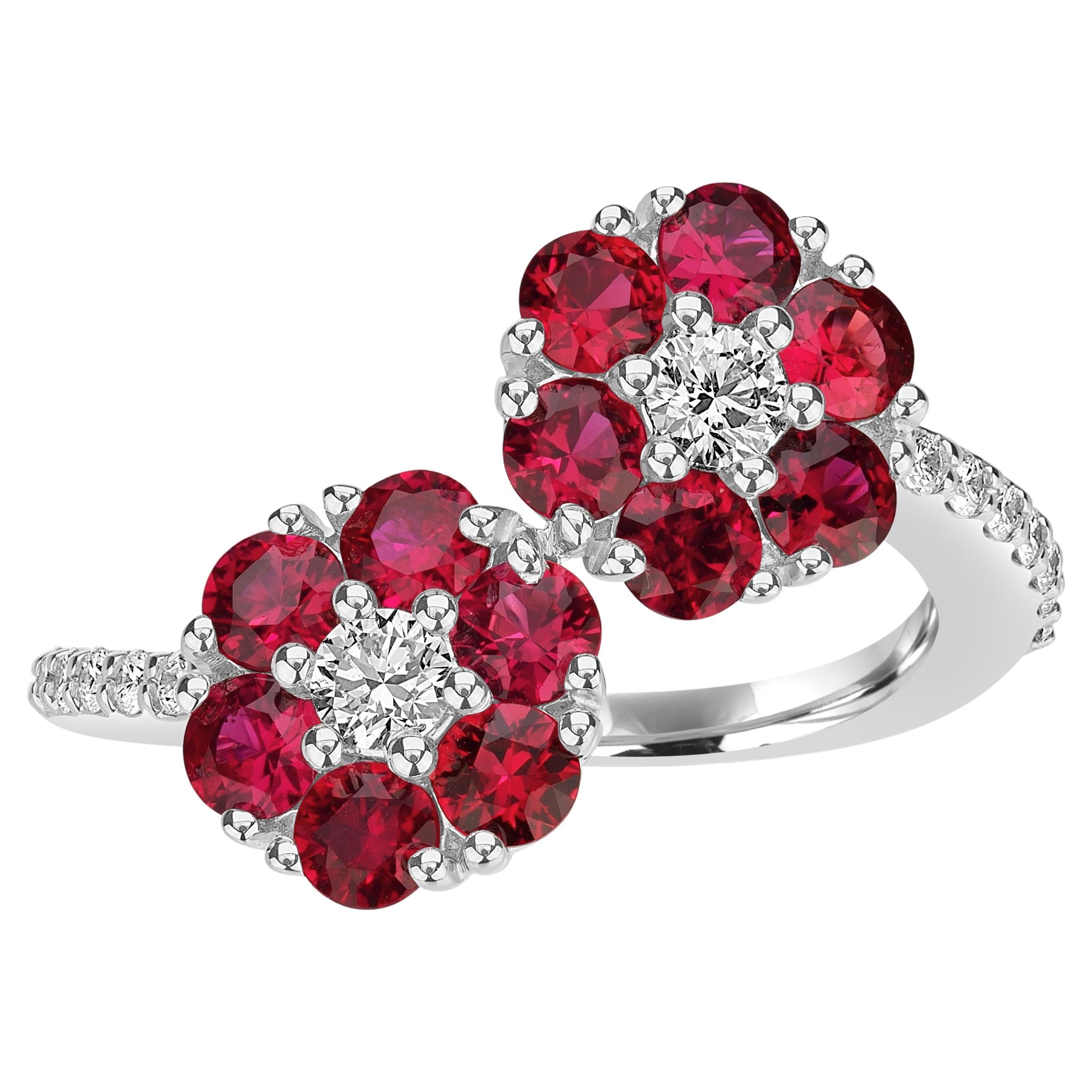 2.42 Carats Ruby and Diamond Flower Cuff Ring in 18k Gold  For Sale